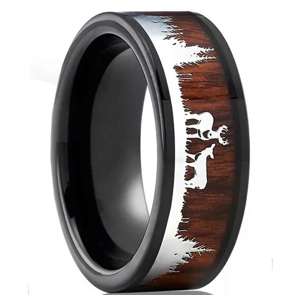 ❤️032❤️ 8mm Antler Tungsten Ring Elks in Forest Silver Mens Wedding Band - Picture 4 of 9